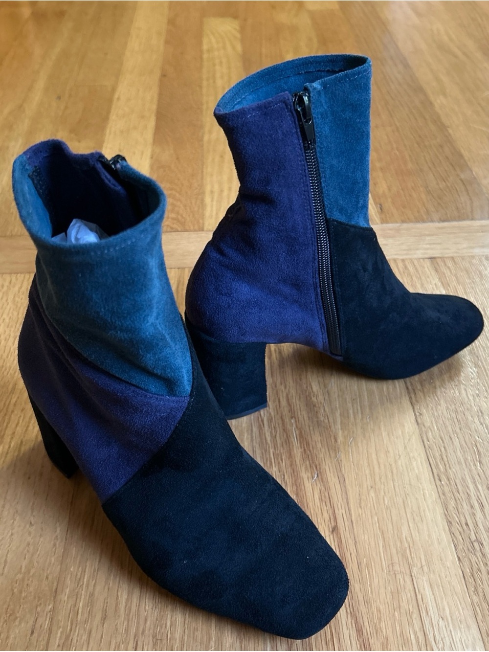 Jeffery Campbell Women’s Colorblock Suede Ankle Boots in Black, plum & Teal sz6